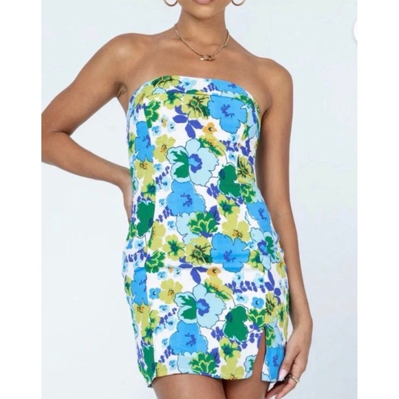 Princess Polly Dresses & Skirts - Princess Polly Blue Green Floral Strapless Mini Dress Side Slit Size 12